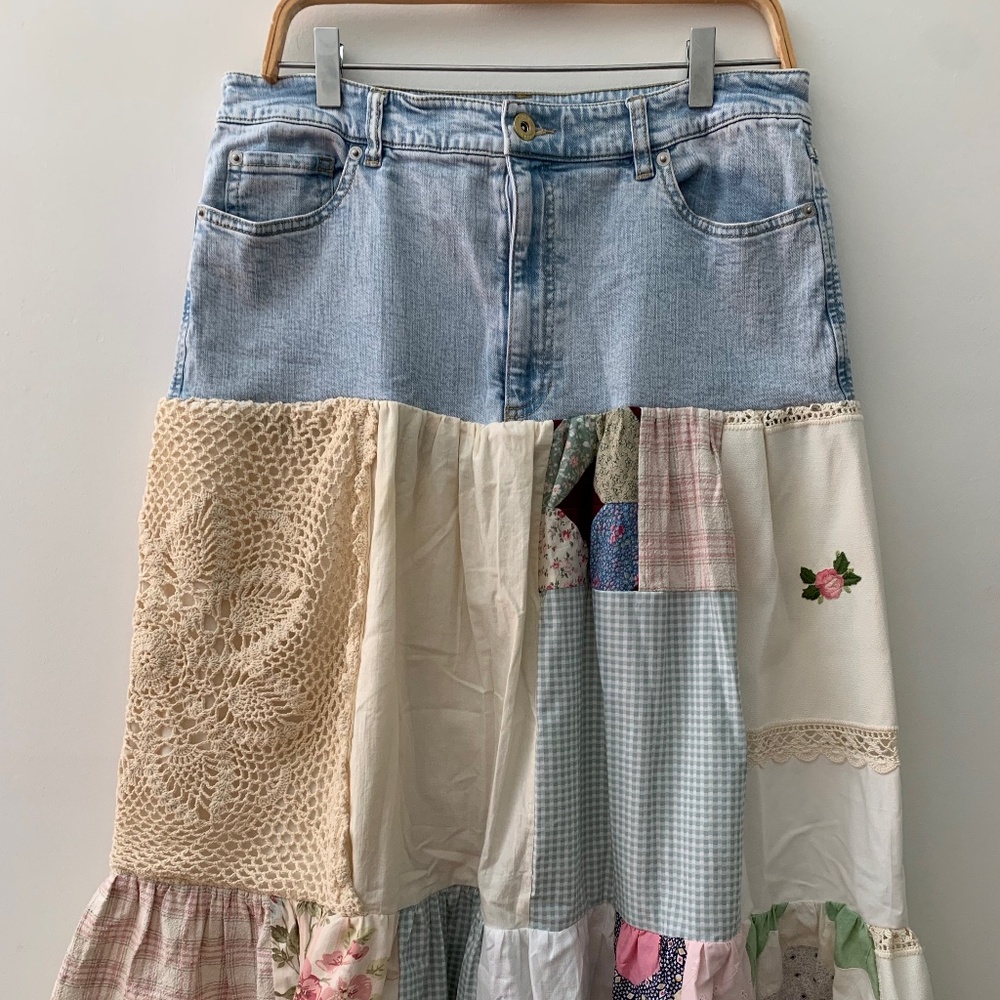 Patchwork and denim skirt
